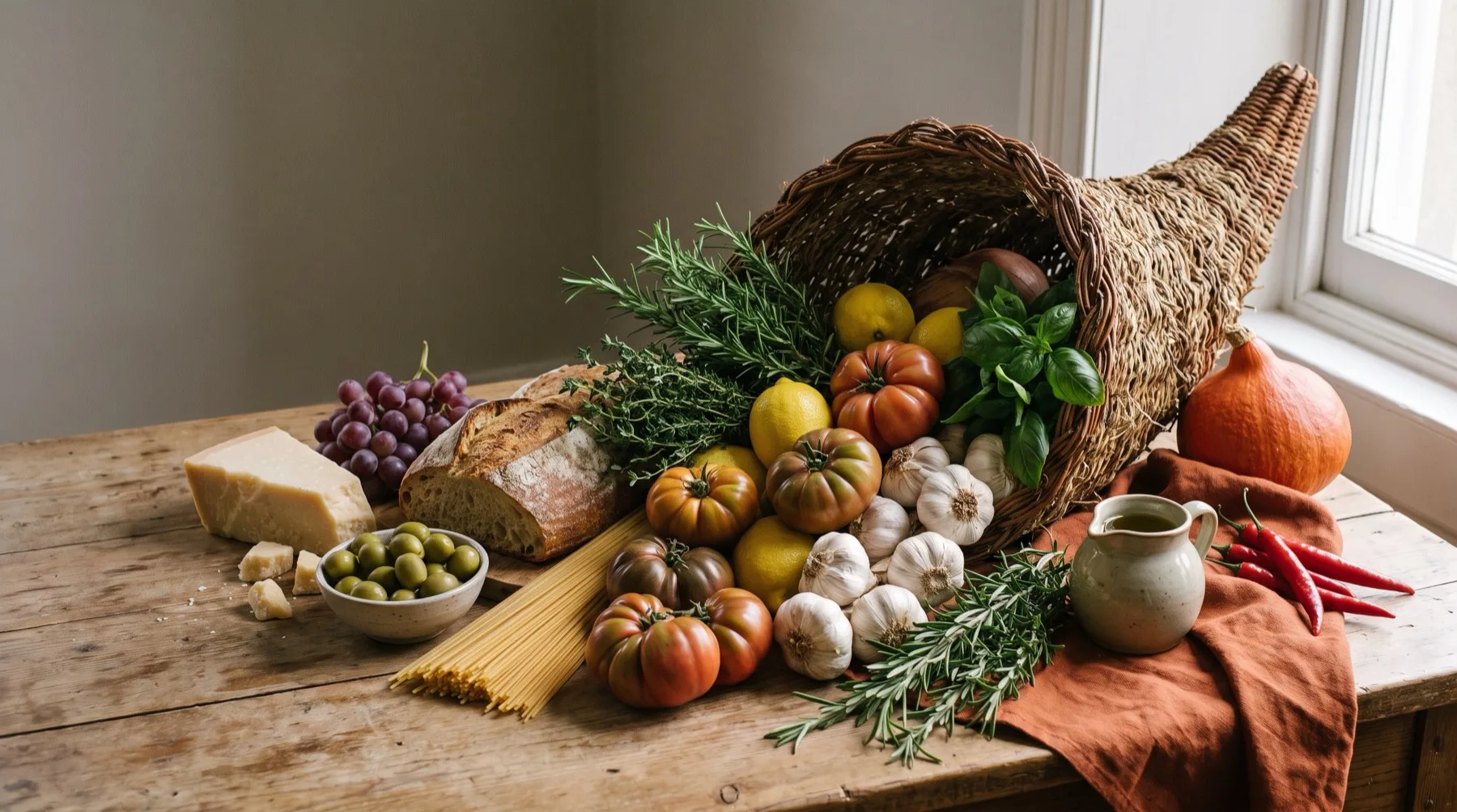 A cornucopia spilling vegetables, bread, herbs and cheese across a kitchen table